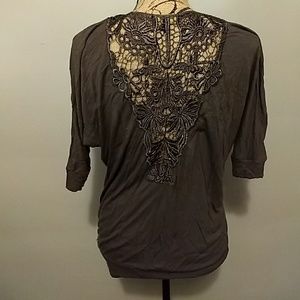 Taupe Brown V-neck Top with Lace Back